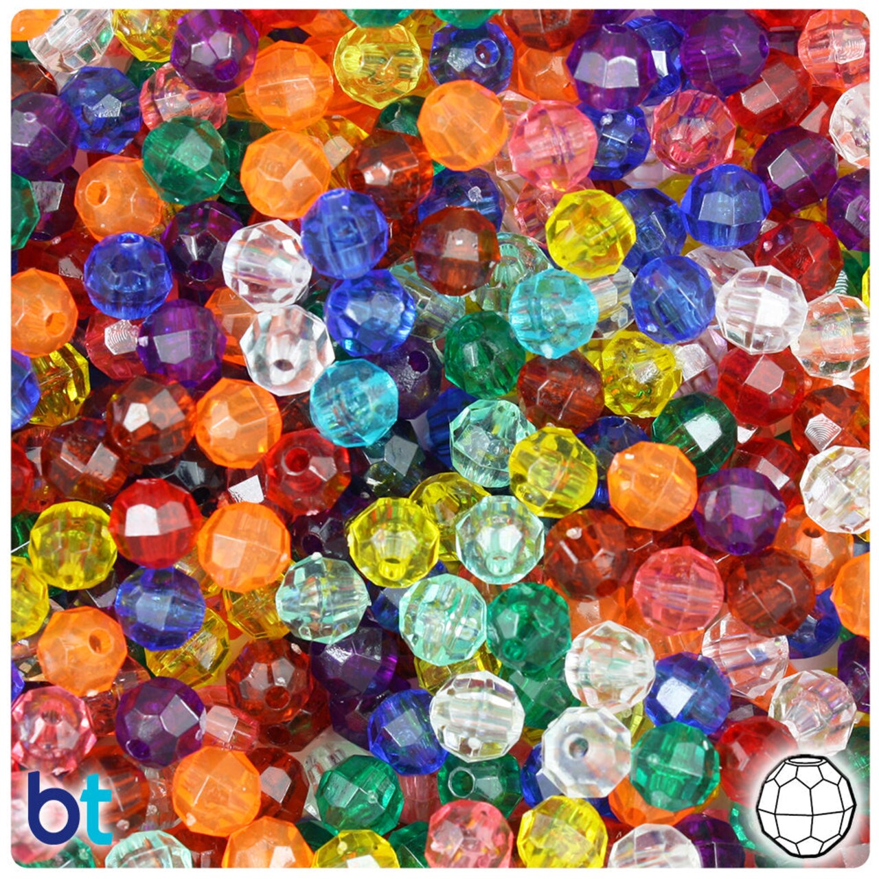 BeadTin Transparent Mix 6mm Faceted Round Plastic Craft Beads (600pcs)